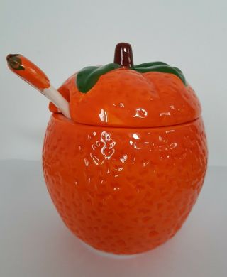 Vintage Ceramic Preserve / Marmalade Pot In Shape Of An Orange.  With Spoon.