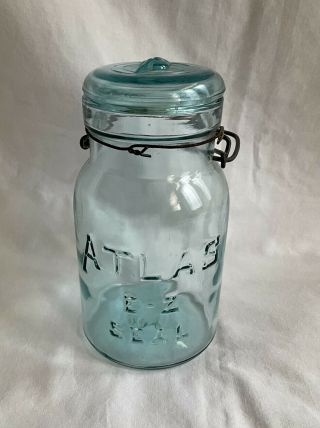 Vintage Aqua Blue " Atlas E - Z Seal " Wire Bail Quart Canning Jar With Glass Lid