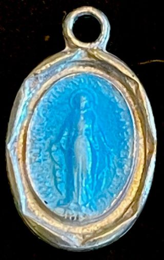Vintage Catholic Sterling Silver Miraculous Mary Blue Enamel Medal