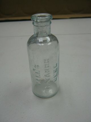 Antique Aqua Halls Catarrh Cure Bottle.  4.  5 " Tall