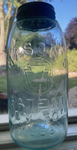 Vintage Blue Mason’s Patent Nov 30th 1858 Canning Jar With Lid 64 Half Gallon