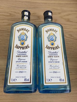2 Empty 1 Litre Bombay Sapphire Bottles (gin) Bar,  Craft,  Lighting Etc
