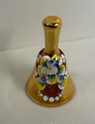 Tis Bohemian Czech Amethyst Glass Bell Gold Gilded Enamel Raised Flowers 3” Tall