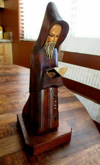 Carved Wood Painted Hooded Priest Friar Monk Reading Bible Figurine,  9 " Tall