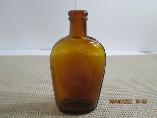 Star Amber 1/2 Pint Whiskey Flask With Strap Sides And " F " Embossed On Base