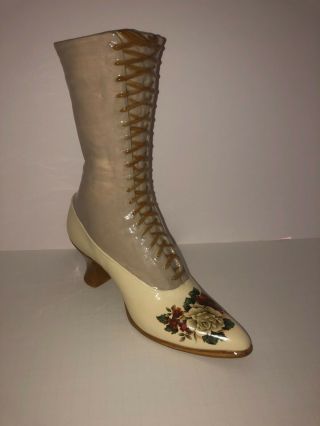 Victorian Ceramic Boot Vase,  Cream/light Pink W/ Applique On Toe,  10x9