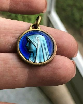 Vintage Blue Enamel Virgin Mary Lourdes Medal/pendant - France