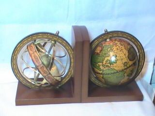 Top Quality Vintage Wood Brass Bookends Rotating Globe & Astrolabe Made In Italy