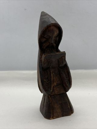 Vintage Carved Wood Painted Hooded Priest Friar Monk Reading Bible Statue 7.  25” 2