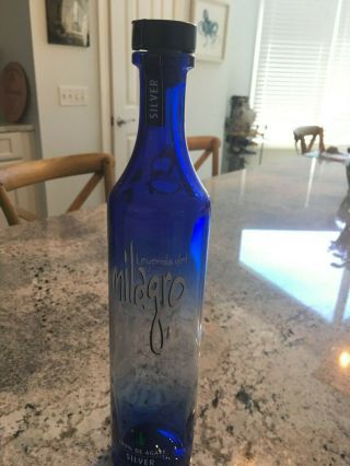 1 Empty Leyenda Del Milagro Tequila Silver Bottle 750ml W/cork Dark Blue Unique