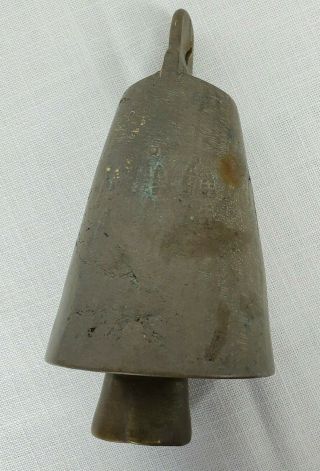 Vintage Antique Brass Cow Bell With Brass Clapper Symbols Around Outside Of Bell