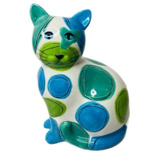Ganz Bella Casa Cat Kitty Vase Spoon Holder Pottery Green & Blue Polka Dot 9”