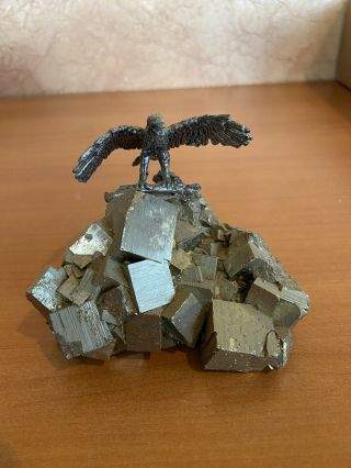 Fine Pewter Eagle On Pyrite Stone Paperweight