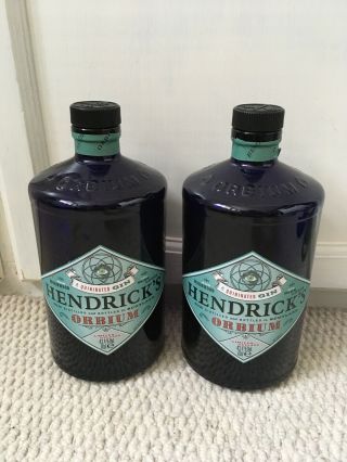 2 X Hendrick’s Orbium Empty Blue Glass Gin Bottle Craft Collectors Wedding