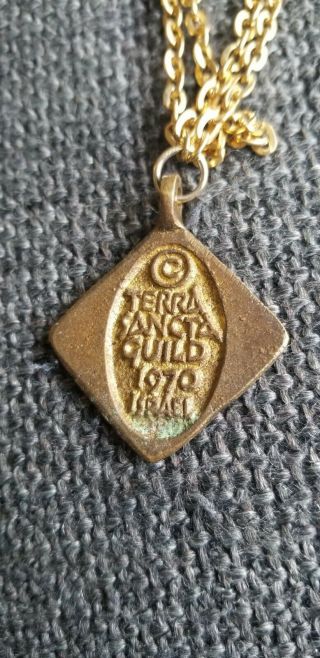 Vintage Terra Sancta Guild Israel Brass Enamel Pendant Necklace Hospitality 3