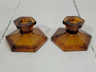 Vintage Davidson Cloud Glass Hexagon Candlestick Holders Brown Amber Art Deco X2