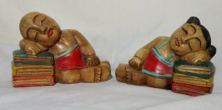 Carved Wood Bookends Thai Thailand Wooden Sleeping Kids,  Monks,  Buddhas