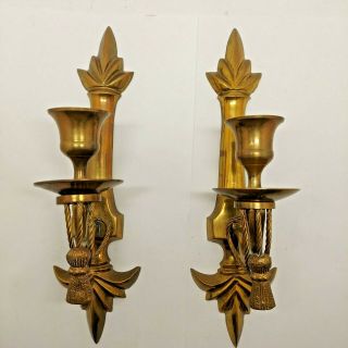 Set Of 2 Vintage Solid Brass Candle Holders Wall Sconces Fleur De Lis 10 " India