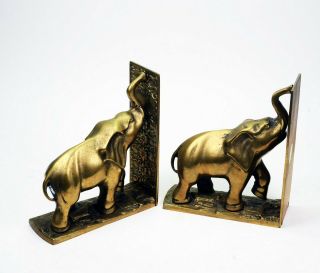 Lg Elephant Pair Book Ends Solid Brass Vintage Trunk Up Brass Ware