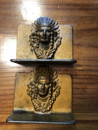 Vintage Cast Iron Bronze Tone Indian Chief Bookends