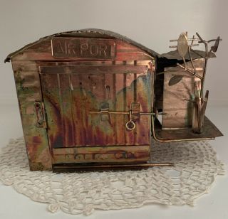 Music Box Vintage Copper Tin Art Sculpture Music Box Airplane Circling Hangar