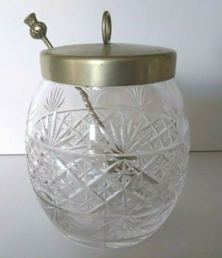 Honey Condiment Cut Glass With Silver Spoon And Lid Hallmarked