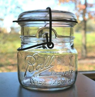 Vintage Ball Eclipse Wide Mouth Pint Clear Jar With Wire Bale