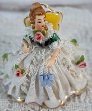 Dresden Lace Lady Figurine Sitting In Chair With Fan Marked Kp Müller