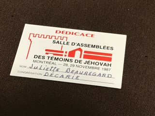 Watchtower - Montreal Assembly Hall Dedication Lapel Card