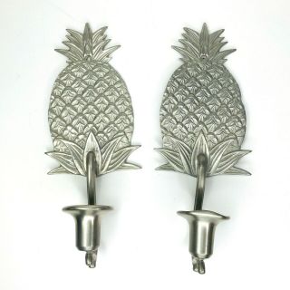 Pewter Pineapple Wall Sconces Candle Holders (2) Silver Tone Tropical Damage
