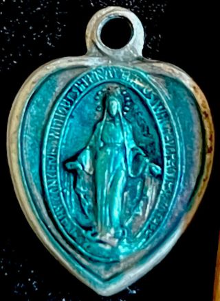 Vintage Catholic Miraculous Mary Heart Blue Enamel & Silver Tone Medal Italy