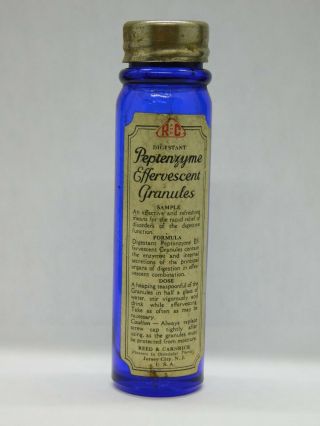 Vintage Cobalt Bottle Reed & Carnrick Elixr Peptenzyme Effervescent Granules