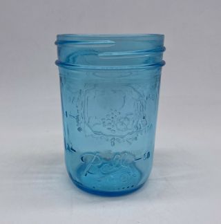 Vintage Blue Ball Jar Glass Embossed Fruit Wide Mouth Pint No Lid
