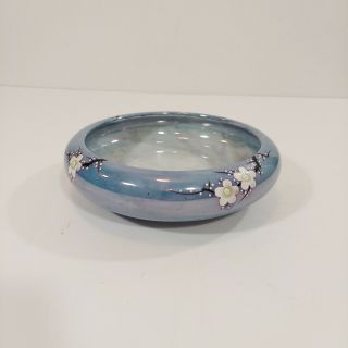 Vintage Japan Lusterware Round Blue Shallow Planter Bowl With Flowers Blossoms