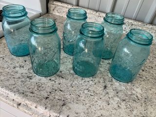 Six Vintage Blue Ball Jars
