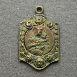French Antique Religious Bronze Pendant Virgin Mary Jesus Child Medal