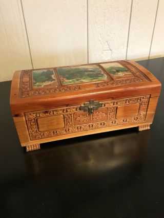 1930s Italian Carved Cedar Antique Jewelry Box With Mirrored Lid