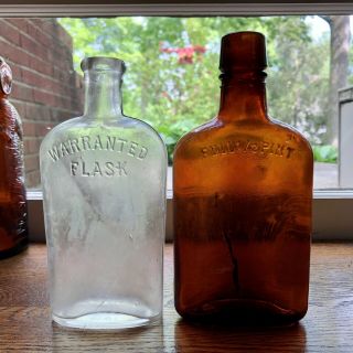 2 Diff Early Antique Pre - Pro Whiskey Bottles Clear Strap Side & Amber Flask