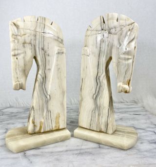 Vintage Trojan Horse Head Bookends Carved Onyx Rock Marble Stone Book Ends 8.  25”