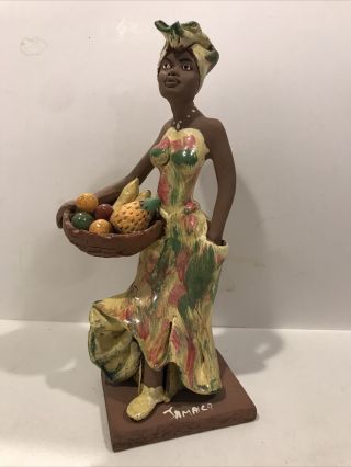 Vintage Jamaica Red Clay Art Pottery Islander Woman Lady W/ Fruit Basket,  8.  5 In