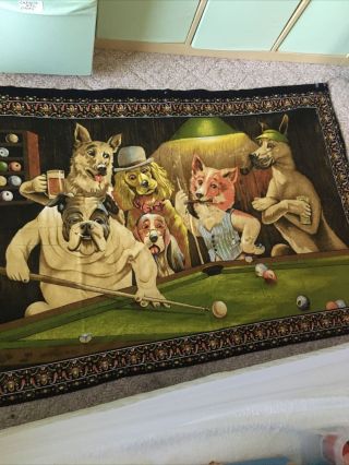 Vintage Wall Hanging Tapestry Dogs Playing Pool 56 " X 40 " -
