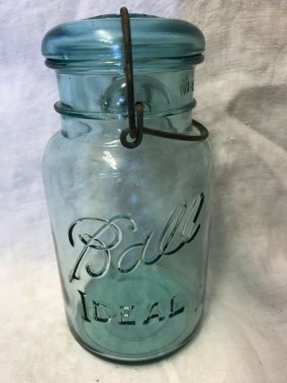 Antique 1 Qt Ball Ideal Blue Canning Jar With Bail Wire And Glass Lid 1923 - 1933
