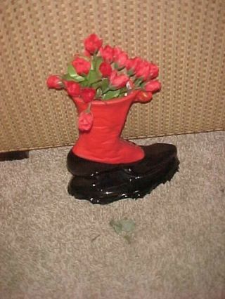 Vintage Ceramic Woman ' s Victorian Tie Up Boot Shoe Vase Planter Red Black Damage 2