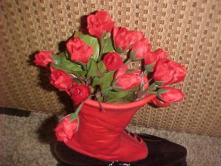 Vintage Ceramic Woman ' s Victorian Tie Up Boot Shoe Vase Planter Red Black Damage 3