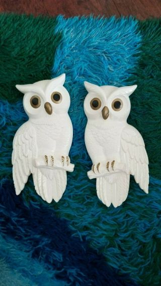 Pair Vintage Owl Wall Plaque Plaster Chalkware Miller Studio 1978 White Gold