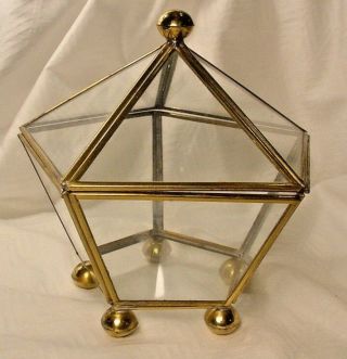 Vintage Brass Glass Shadow Box Trinket Jewelry Box Octagonal Pyramid Shape