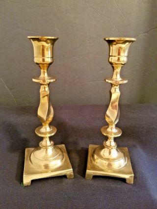 Set Of 2 Polished Brass Candlestick Holders Swirl Design Square Footed Base 10 "