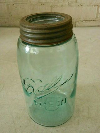 Vintage 2 Qt Green Glass Ball Mason Canning Jar W/ Metal Ring & Glass Insert