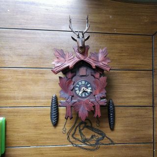 Vintage German Black Forest Cuckoo Clock Carved Stag Crosses