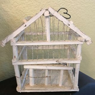 Vintage White Wood And Wire Small Bird Cage